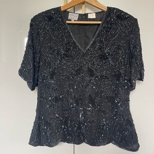 Stenay vintage black silk beaded & sequins blouse XL